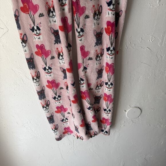Doggie Drawings Pajama Pants Womens Small Pink French Bulldog Hearts Fleece Cute - Picture 3 of 9